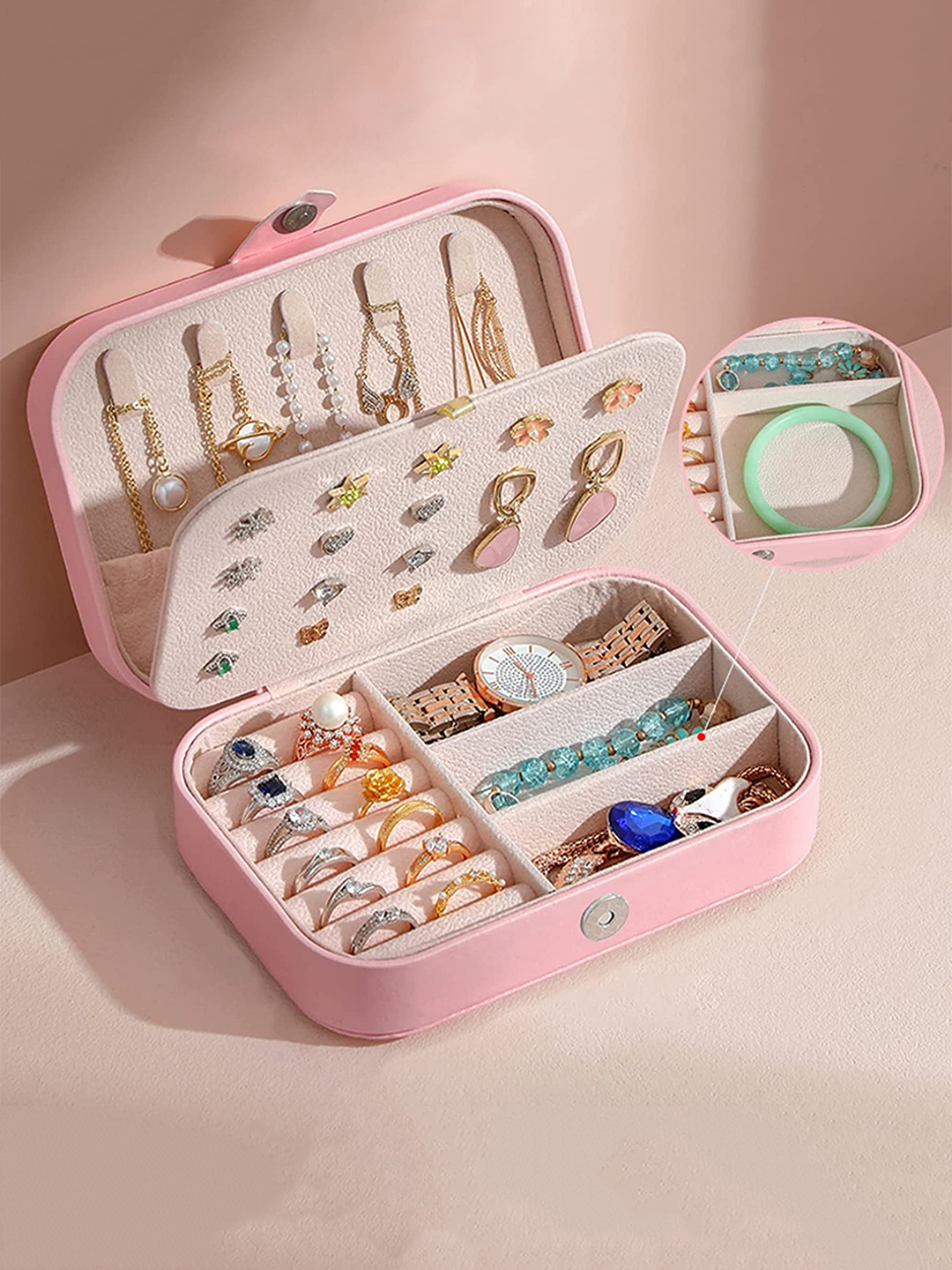 YouBella Jewellery Organiser PU Leather Zipper Portable Storage Box Case with Dividers Container for Rings, Earrings, Necklace Home Organizer, Pink (Style 2)